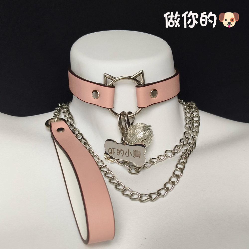 puppy猫咪头铃铛项圈女皮革choker粉色刻字狗狗牵引绳颈带男m套装