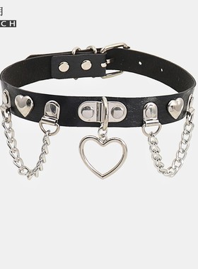 pu皮项圈爱心带链男女y2k千禧风