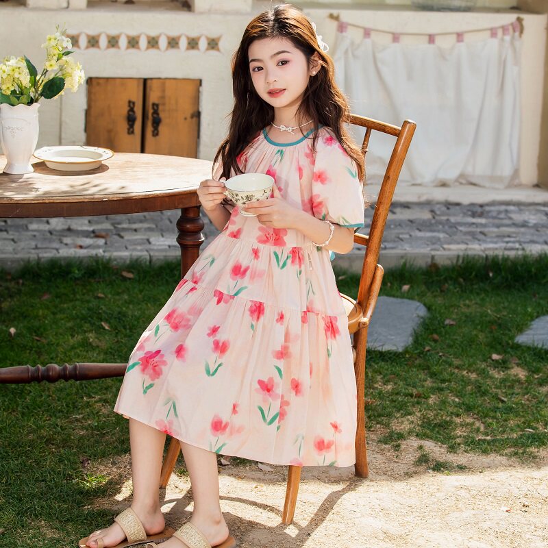 女童夏季泡泡袖碎花连衣裙