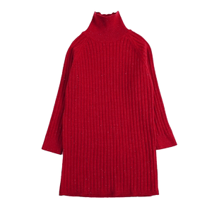 女童中长款毛衣2025新款冬季女孩针织打底衫儿童装红色高领毛线衣