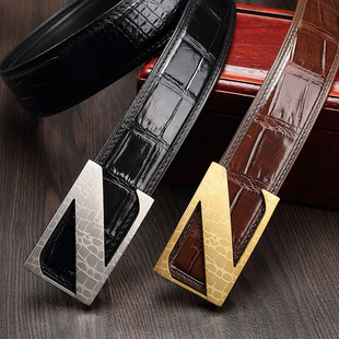 Z字母鳄鱼皮皮带男真皮休闲商务钢扣平滑扣 无拼接皮腰带男裤腰带