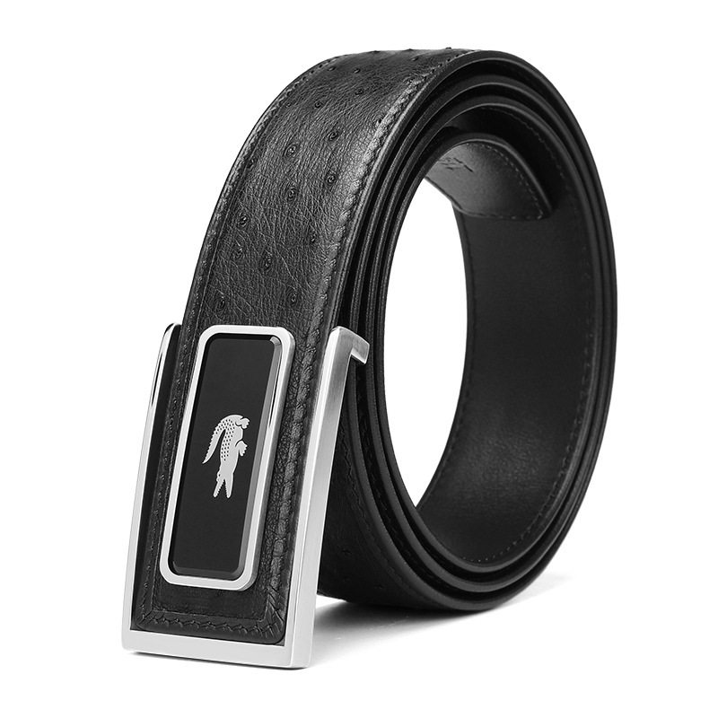 鸵鸟皮皮带男士 真皮皮带时尚百搭304钢平滑扣腰带男休闲商务韩版