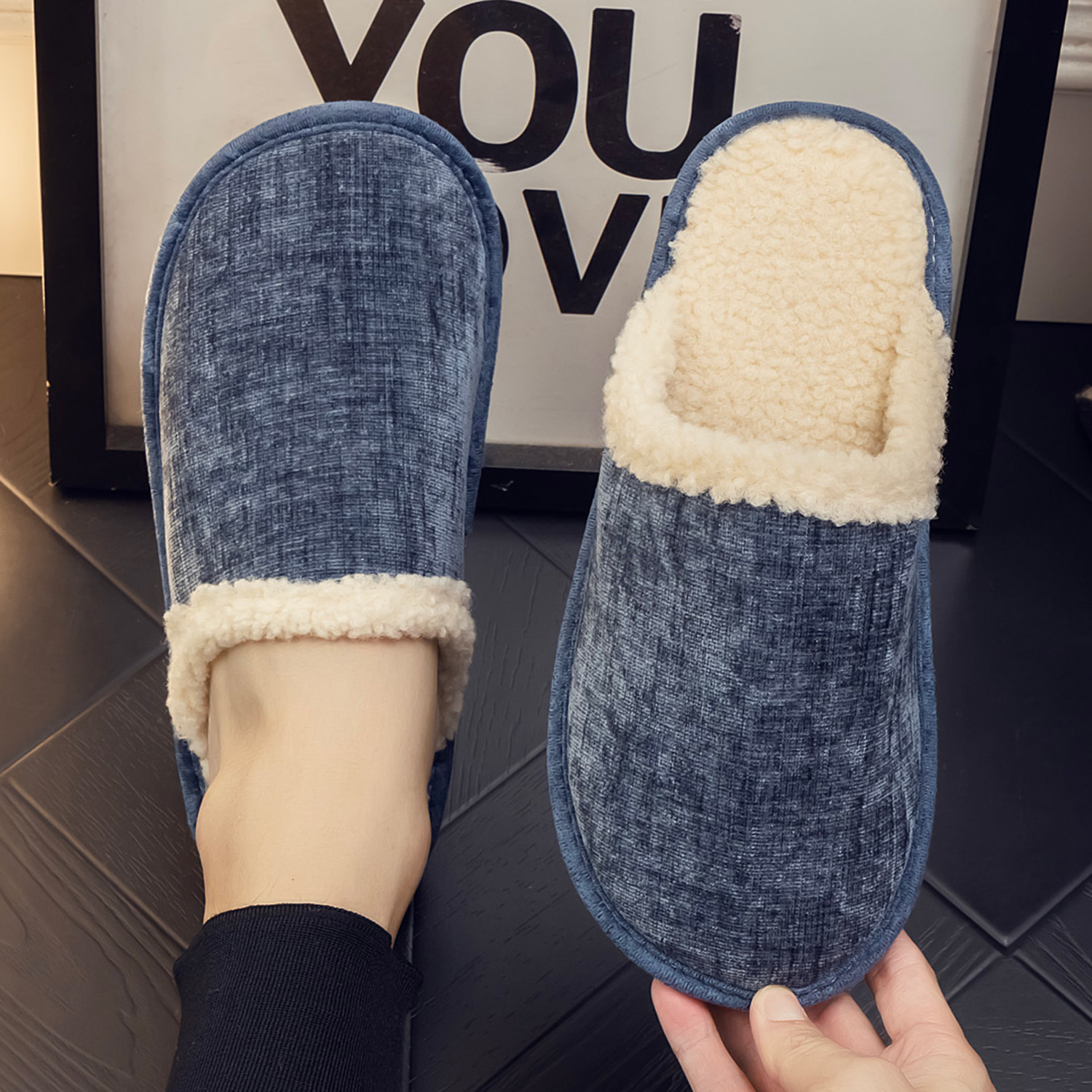 秋冬新款棉拖鞋男加厚家用室内防滑日式大码毛绒保暖家居情1004z