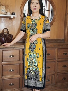 真丝薄款 高弹力三褶皱风格 短袖 妈妈连衣裙女长款 印花 宽松显瘦夏季