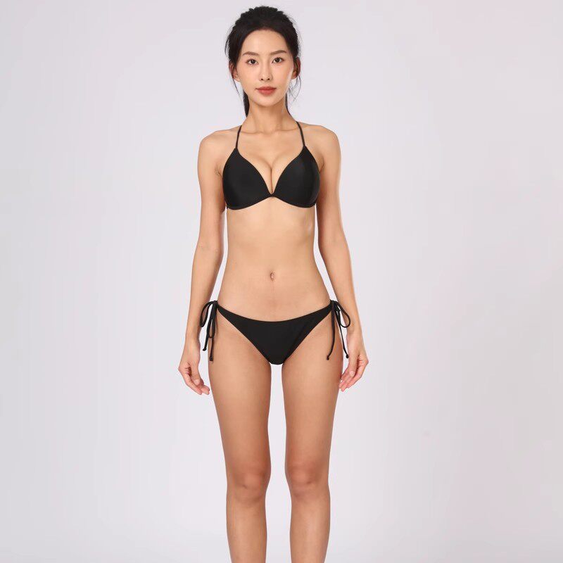 老师推荐空乘泳装比基尼泳衣黑色服表艺考性感聚拢三点式小胸显瘦