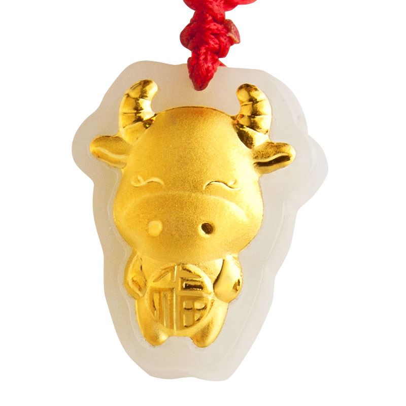 梦克拉足金3D硬金黄金和田玉金镶玉白玉吊坠 生肖牛 暴福牛