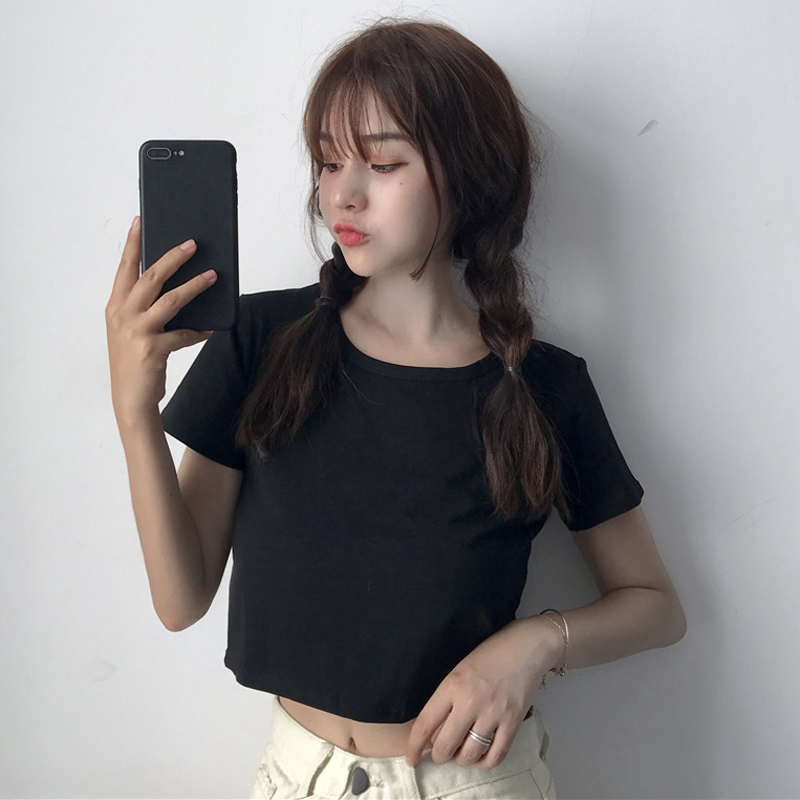 Ïļ¾Å®×°º«°æ´¿É«»ù´¡°Ù´î¶Ì¿î¶Æêµ¯Á¦ÐÞÉí¶ÌÐäÏÔÊÝTÐôÉÏÒÂѧÉú
