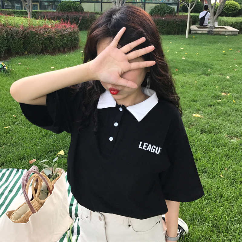 春夏女装韩版宽松百搭polo领字母短袖T恤学生休闲打底衫体恤上衣