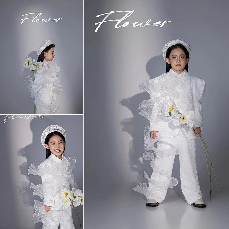 儿童摄影服装女童白色礼服舞台模卡走秀演出服潮服模特影楼拍照