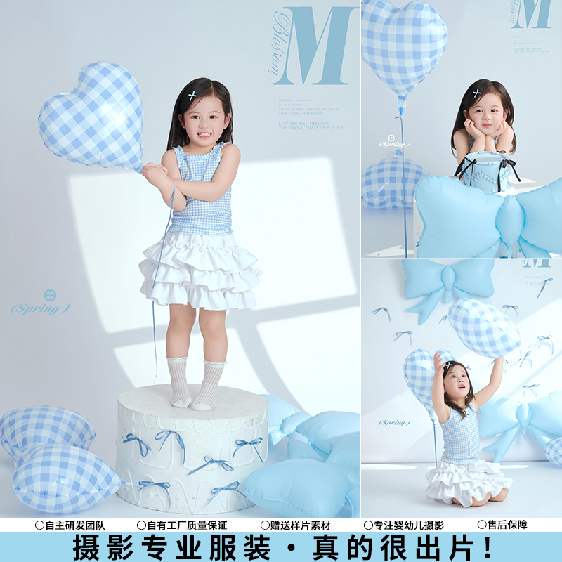 儿童摄影服装女童ins风蓝色吊带蝴蝶结道具生日主题影楼艺术拍照