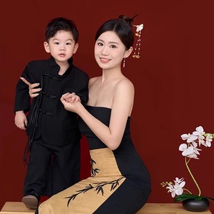 亲子装母子新中式拍照国风旗袍中山装主题儿童摄影服装影楼写真照