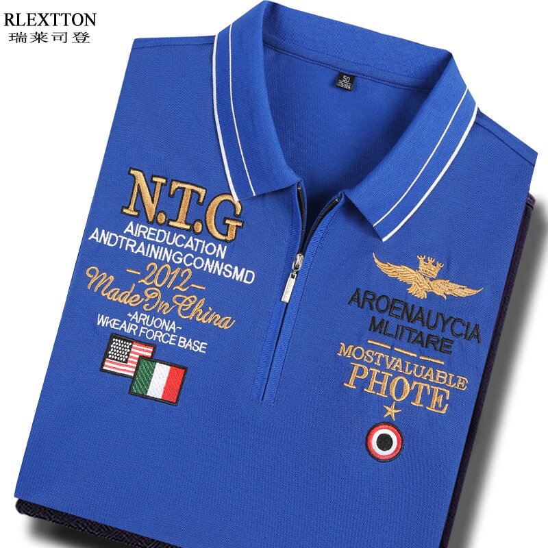 高端丝光棉短袖翻领T恤男蓝色POLO衫半袖拉链体恤T上衣夏季男装潮