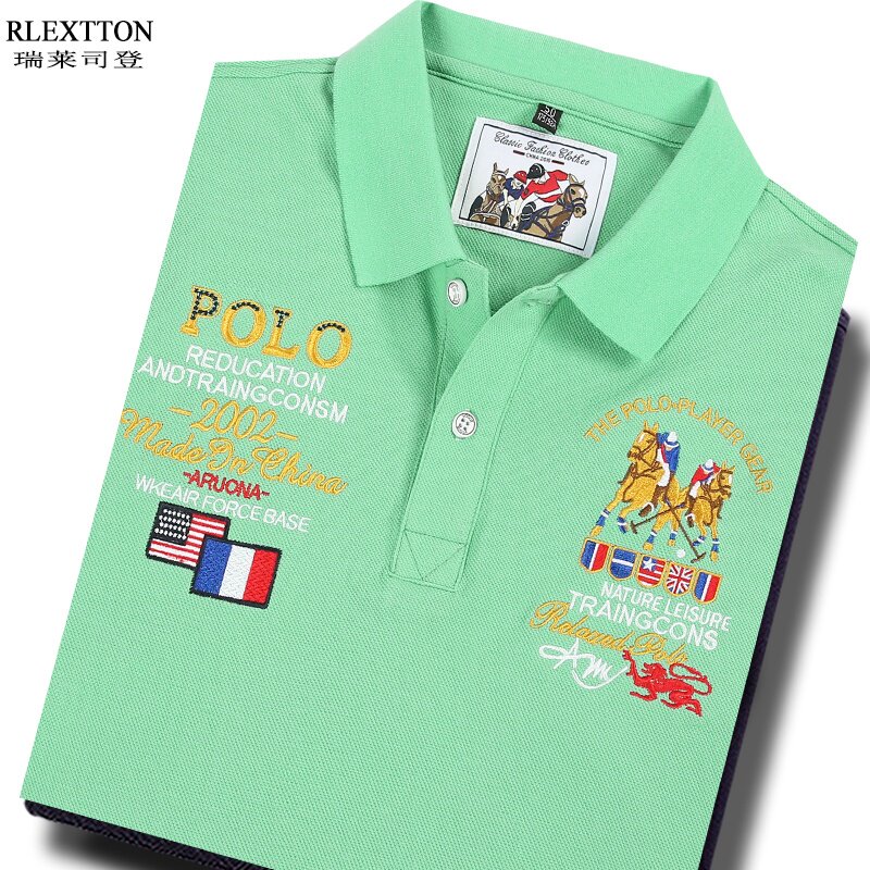 高端男装短袖T恤男POLO衫翻领绿色上衣欧货潮流纯棉T刺绣品牌夏季
