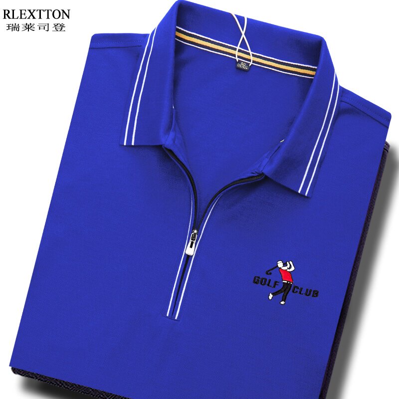 夏季薄T恤男短袖拉链POLO衫翻领半袖体恤蓝色T高尔夫球上衣丝光棉