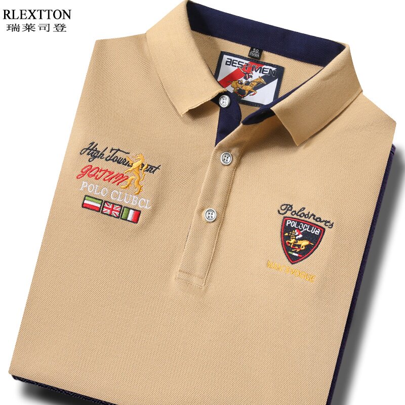 男士休闲春装高档刺绣长袖T恤纯棉翻领爸爸上衣春季POLO衫卡其色