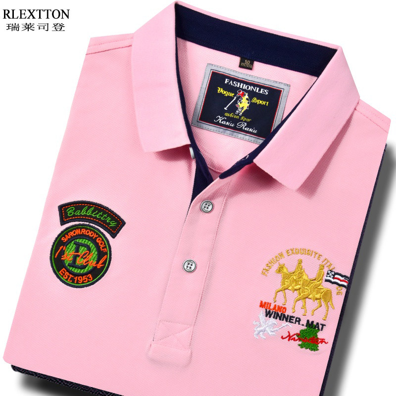 夏季短袖T恤男翻领POLO衫 粉红色高档上衣服珠地棉粉色男装体恤潮