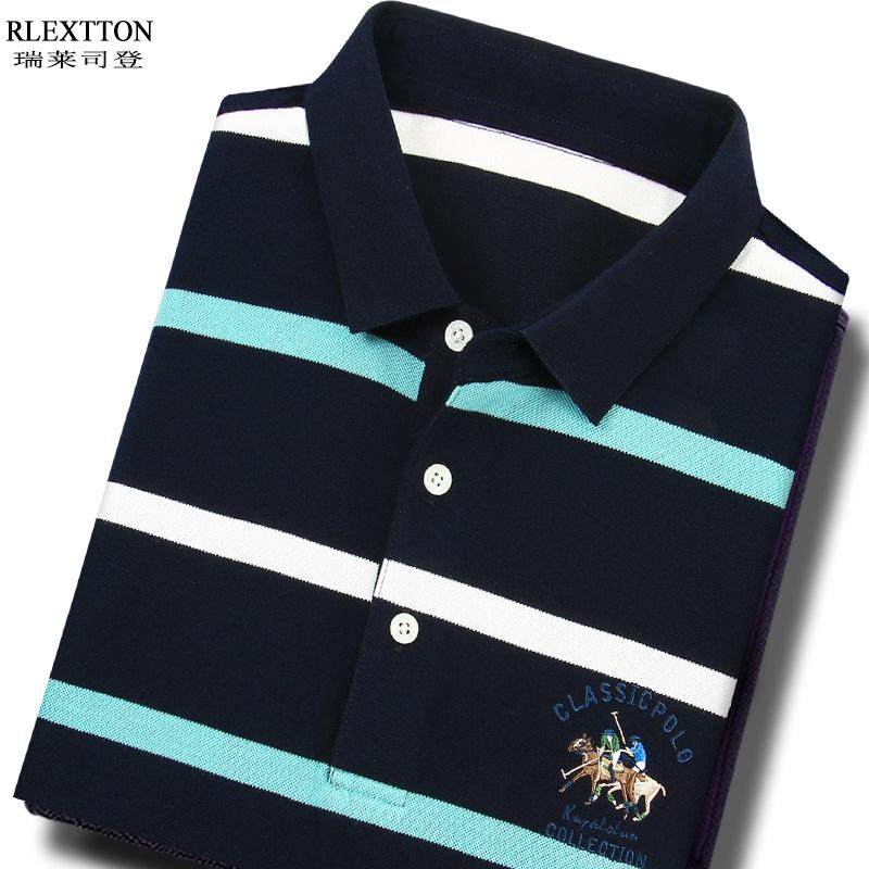 春季长袖T恤男POLO衫条纹体恤刺绣翻领上衣中年爸爸春装高档男装