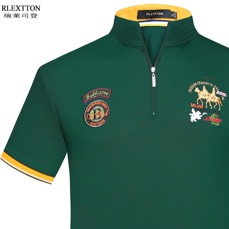 刺绣马年男装夏季小立领纯棉拉链短袖男T恤绿色半袖体恤休闲上衣