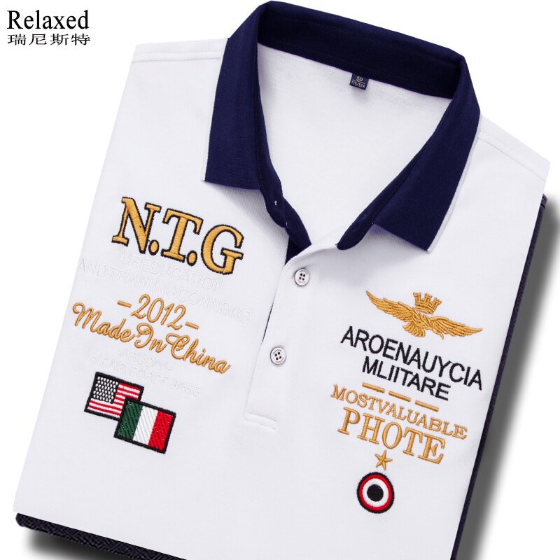 高端纯棉长袖T恤男装翻领高档刺绣白色POLO衫有领带领春季上衣服