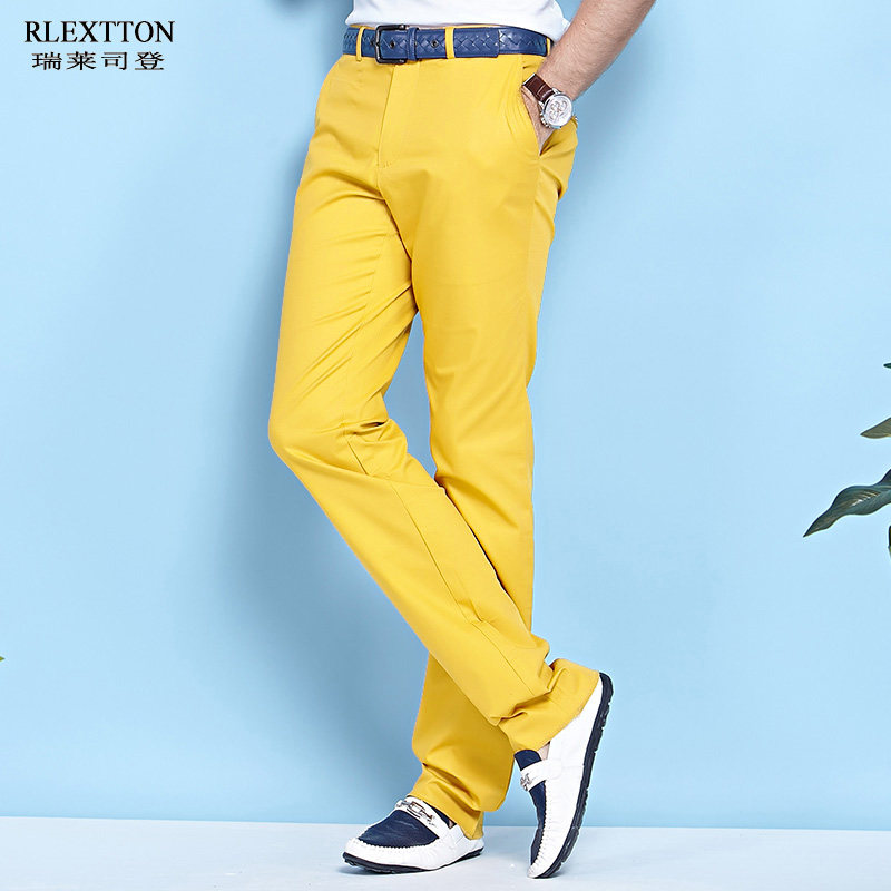 春夏薄款高档男士休闲裤黄色男裤子中腰直筒长裤品牌男装裤彩色裤