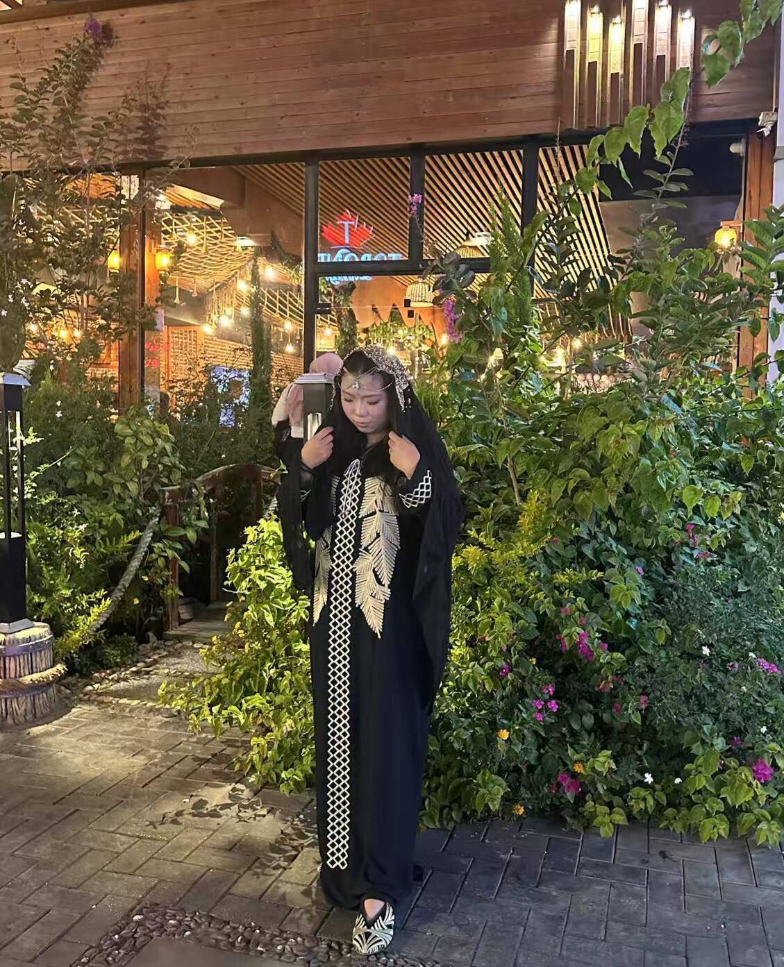 埃及代购黑色埃及棉长袍手工刺绣设计师定制民族风叶子特色连衣裙