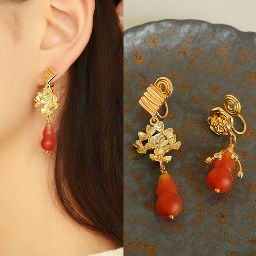 福禄平安红玛瑙葫芦蚊香盘耳夹