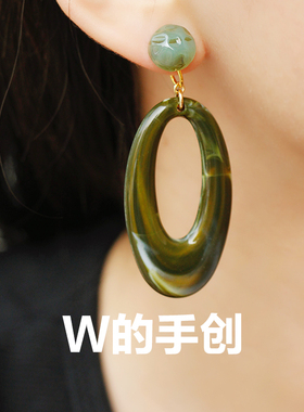 W的手创 蜜桃抹茶色无耳洞法式复古蚊香盘耳夹椭圆树脂耳钉显瘦女