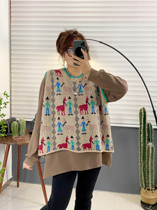 韩版宽松显瘦卡通针织马甲秋冬复古遮肉慵懒毛线马夹背心胖mm大码