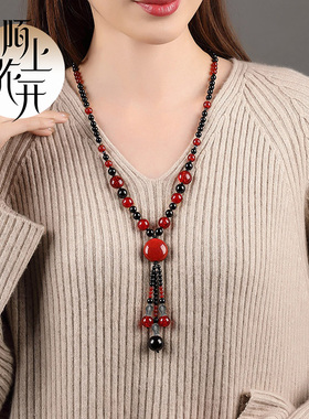 民族风红色毛衣链陶瓷项链长款女复古风新款吊坠中国风高档装饰品