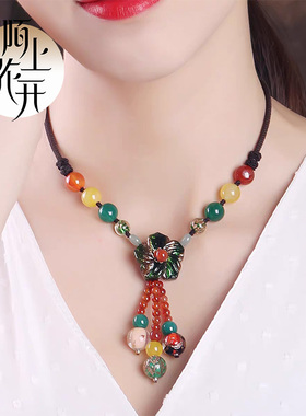 民族风锁骨链女短款琉璃项链复古风颈链气质古典饰品装饰