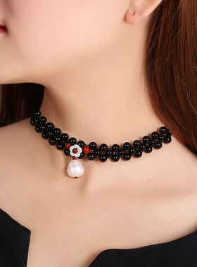 复古黑色水晶双层项链女锁骨链轻奢小众脖子饰品项圈颈带颈链