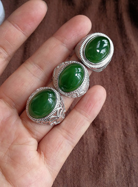 大气天然和田玉可伸缩银指环包邮