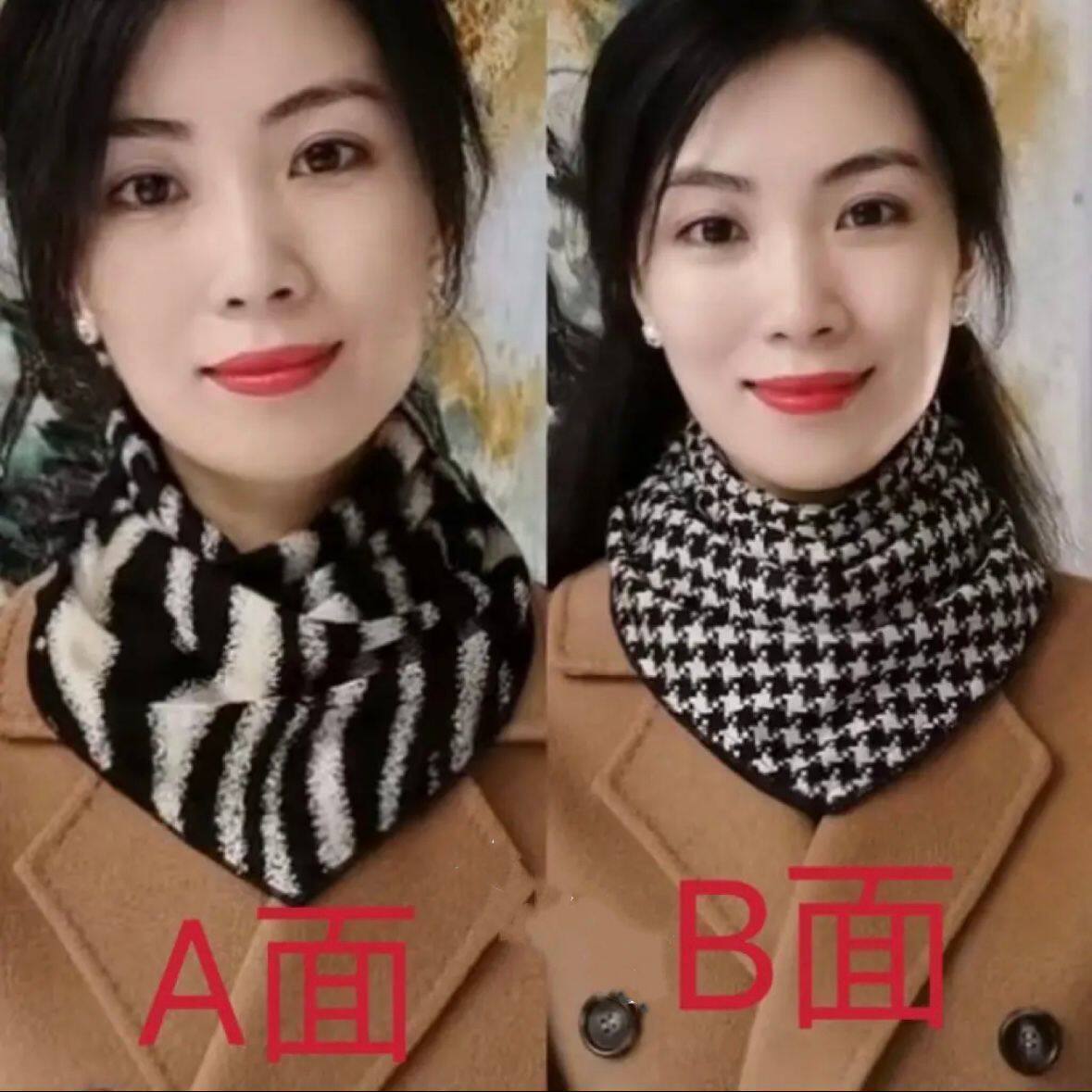 时尚百搭围巾女秋冬季加厚三角巾围脖护颈保暖脖套双面印花假领子