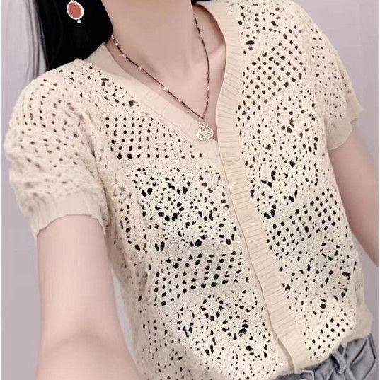 夏季防晒罩衫V领钩花镂空冰丝薄款针织开衫短款外套短袖上衣女装