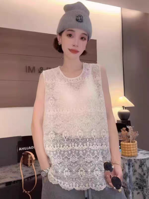 复古钩花镂空无袖蕾丝背心女秋季洋气百搭小衫外搭休闲打底衫上衣