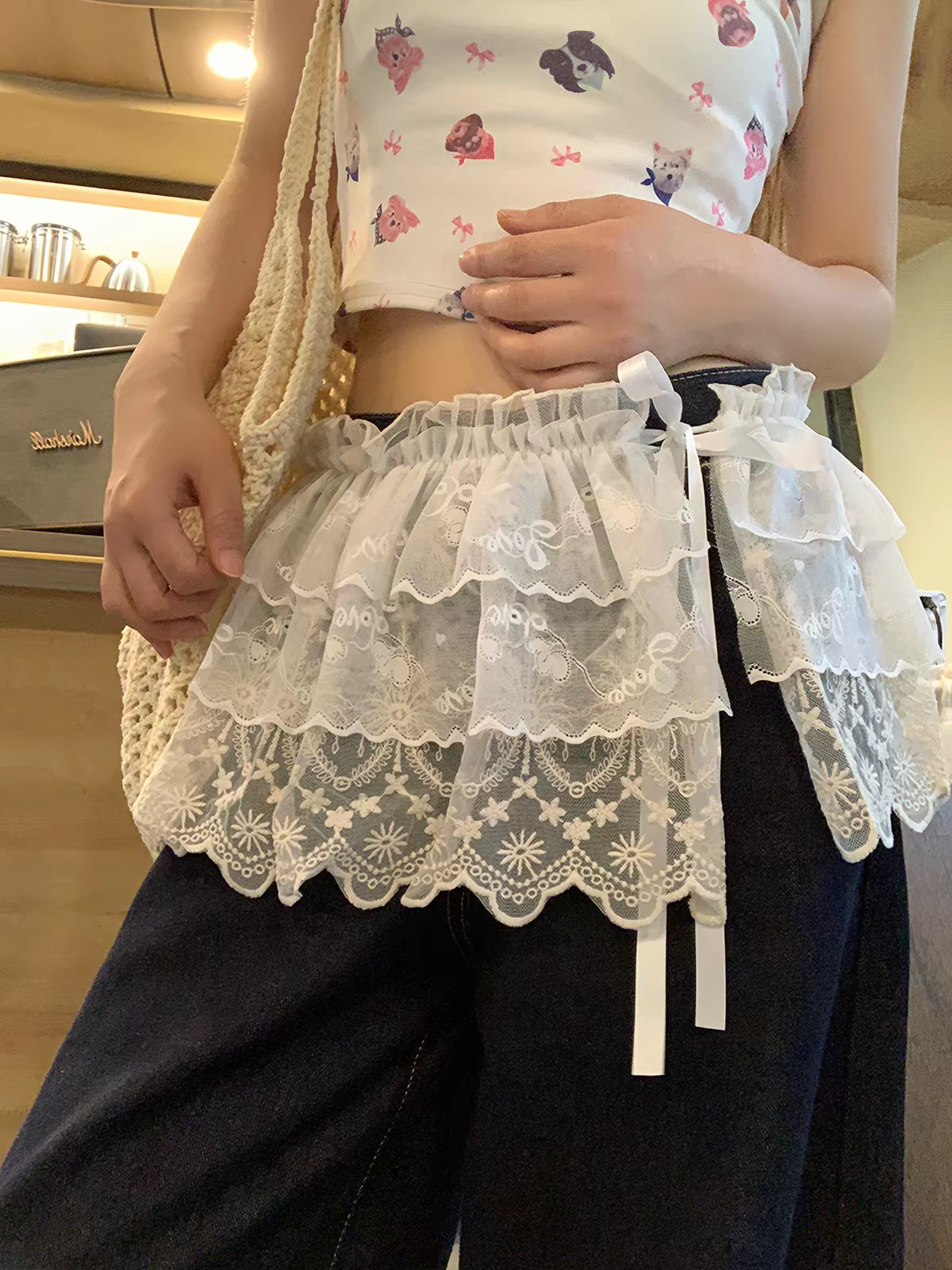 白色蕾丝花边屁帘女春夏季配牛仔裤叠穿半身裙时髦系带短裙蛋糕裙