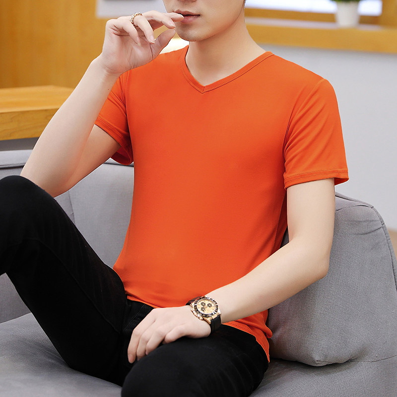 莫代尔冰丝短袖T恤男装夏季纯白色大码鸡心V领潮打底衫上衣服半袖