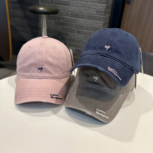 棒球帽女韩版 街头简约小字母up帽檐刺绣破洞风水洗棉布料弯檐帽男