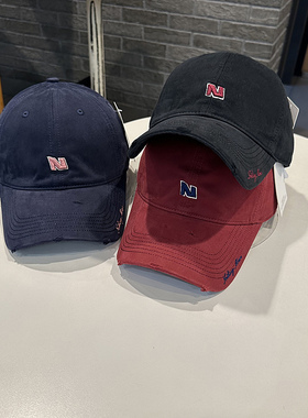 青年棒球帽女N字母韩版立体刺绣春秋天破洞弯檐帽帽檐字母潮搭男