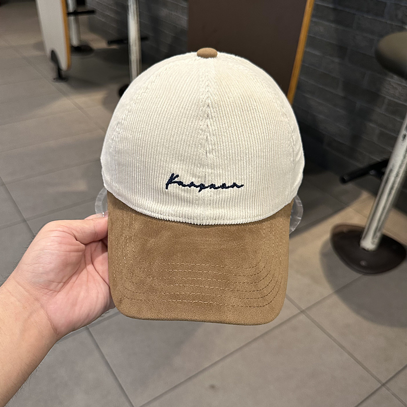 棒球帽女秋冬保暖简约字母刺绣灯芯绒棒球帽双拼色帽檐时尚鸭舌帽