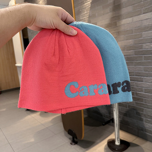 秋冬瓜皮针织帽女青年街头时尚Cara字母时尚嘻哈潮保暖套头冷帽男