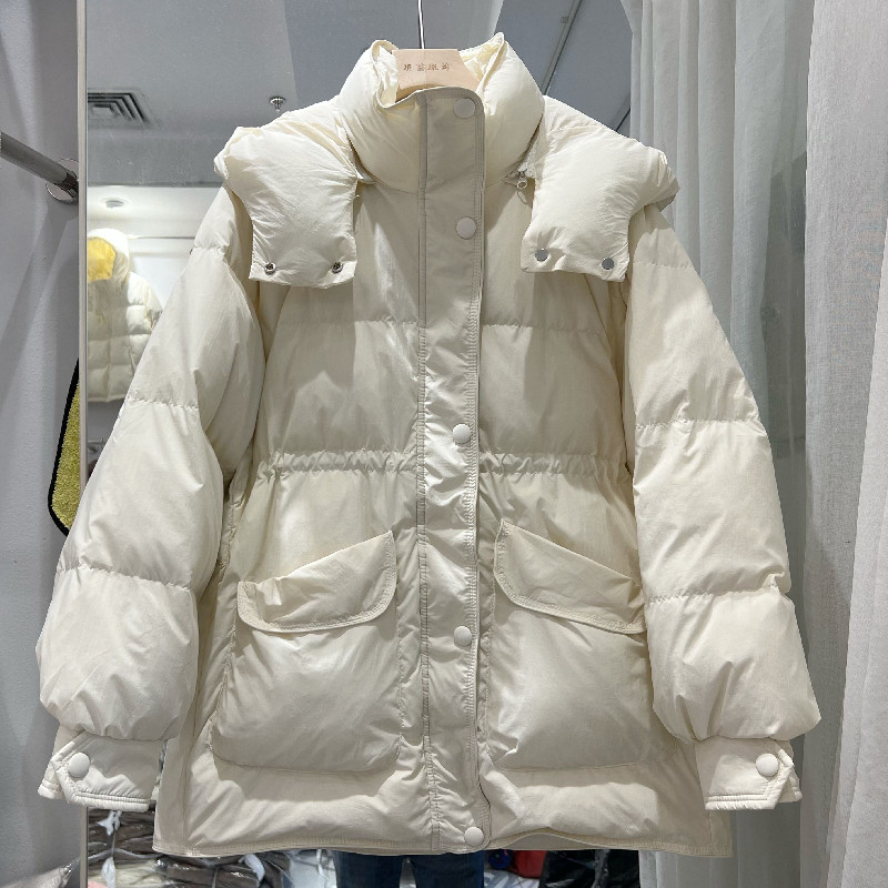 冬季新款可脱卸连帽羽绒服女中长款90白鸭绒收腰显瘦加厚宽松外套