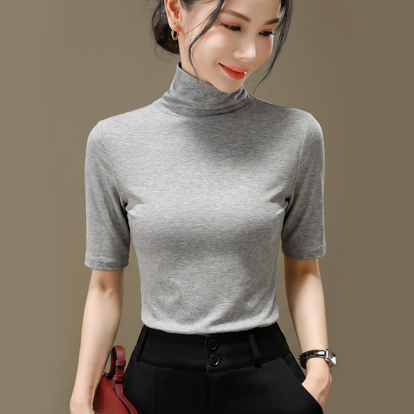 2026新款高领纯色打底衫女秋中袖