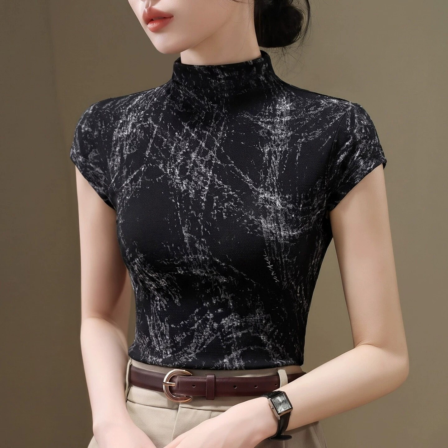 半高领网纱短袖t恤女秋2026新款