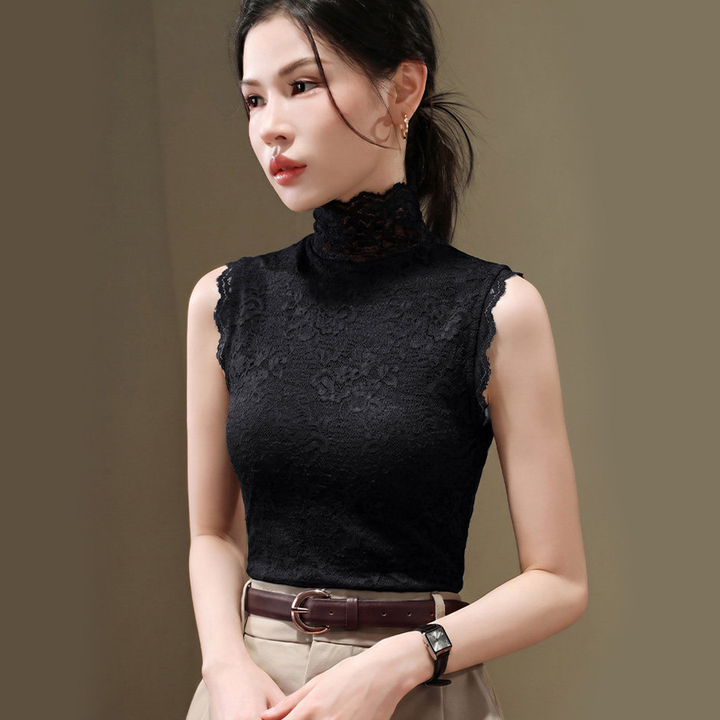 高领蕾丝打底衫女秋无袖坎肩背心