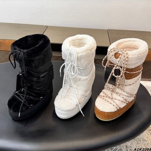 现货高定！新款冬季新款加棉毛毛拼色雪地靴内增高月亮靴登月靴