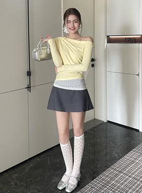 puppystore 洛曼特少女 黄色假两件蕾丝针织露肩chic甜辣斜肩上衣