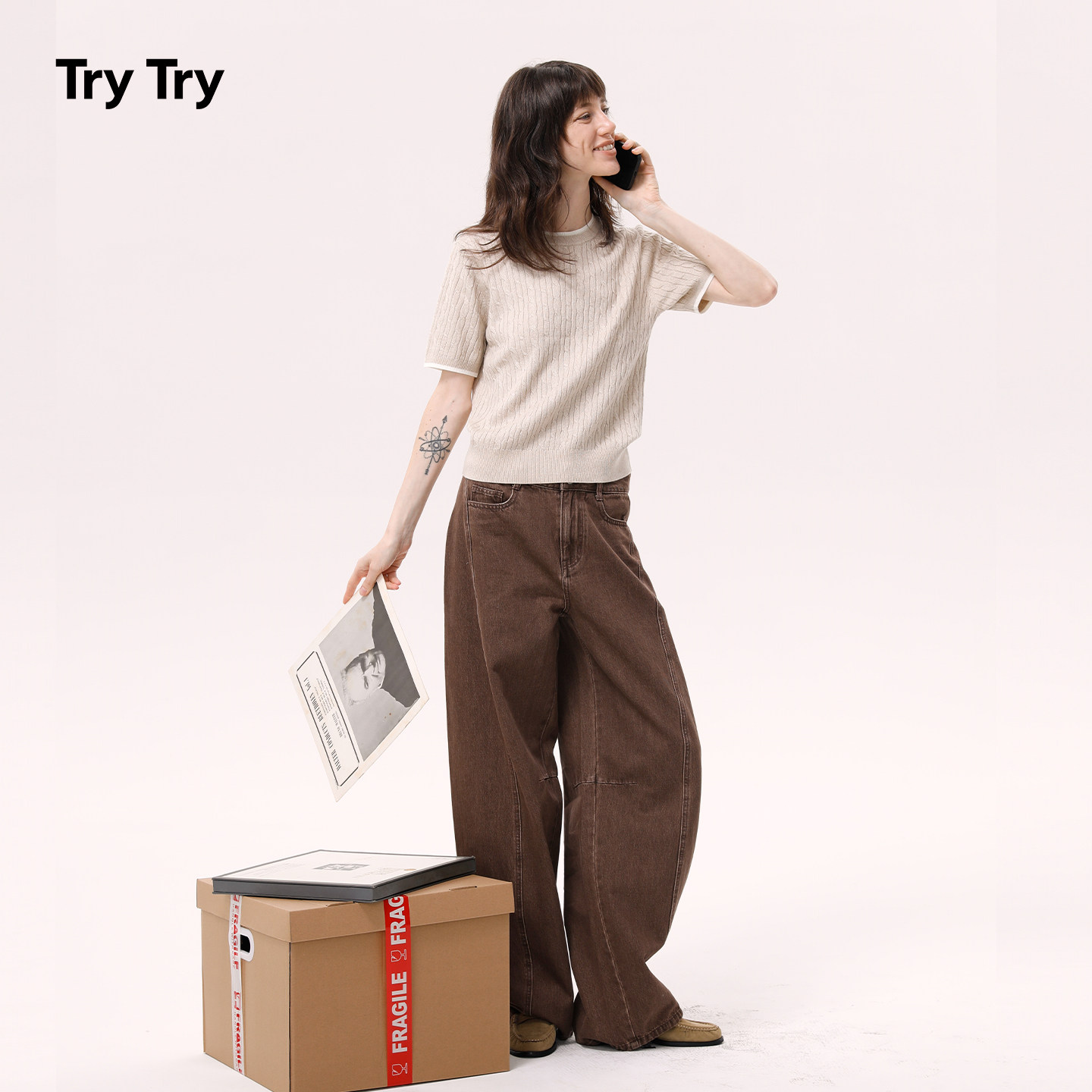 TryTry 绞花针织开衫女羊毛针织衫