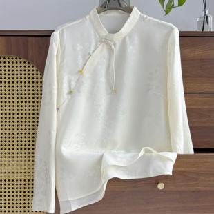 新中式真丝斜门襟立领打底衬衫四经绞罗国风内搭宽松桑蚕丝上衣秋