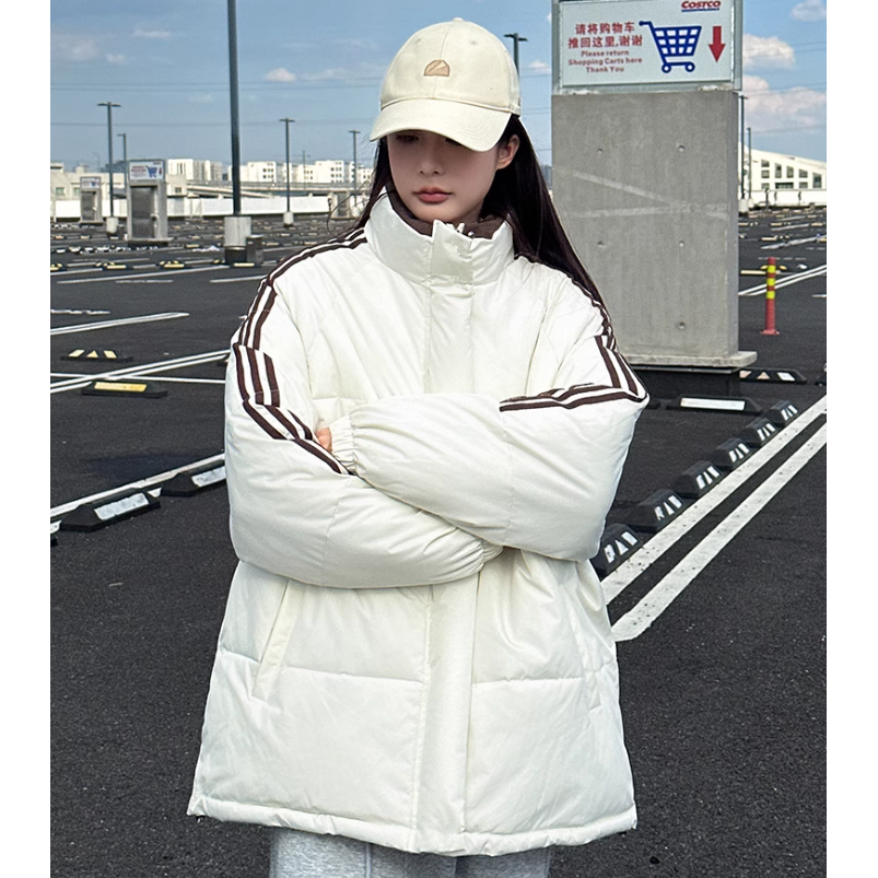 胖mm大码羽绒棉服女秋冬新款拼接三条杠时尚气质百搭保暖外套